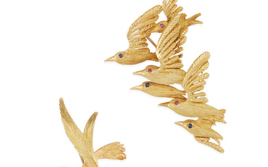 TWO 18K GOLD, GEM-SET AND DIAMOND BIRD BROOCHES
