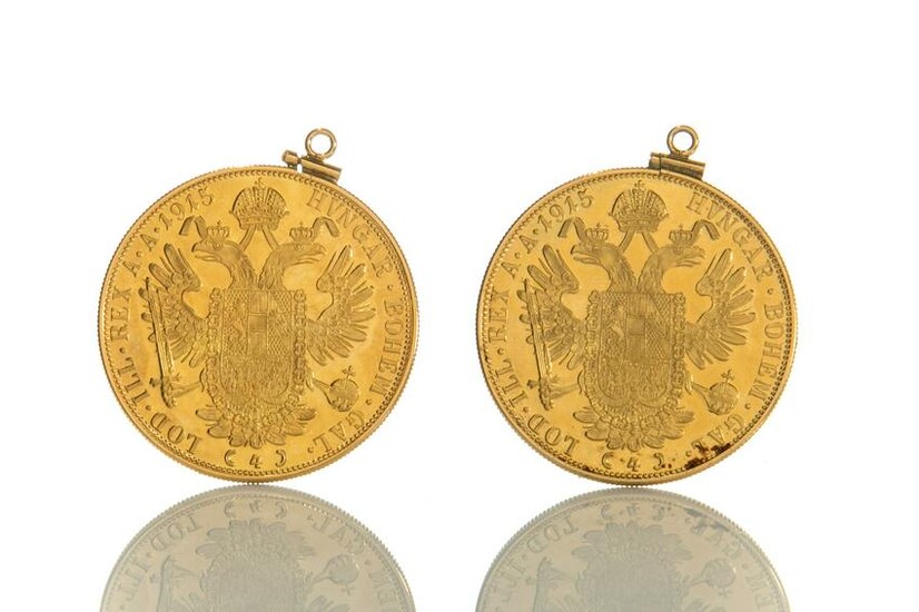 TWO 1915 AUSTRIAN GOLD COINS MOUNTED AS PENDANTS