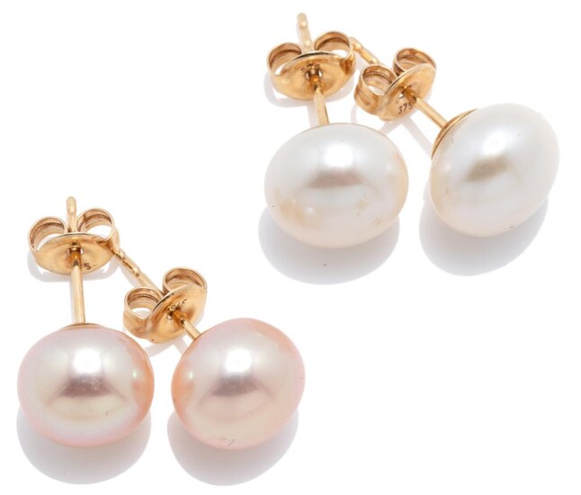 TWO PAIRS OF FRESHWATER CULTURED PEARL STUD EARRINGS; 8.5 & 9mm round button shape white and pastel coloured pearls on 9ct gold fitt...