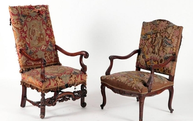 TWO TAPESTRY COVERED OPEN ARM CHAIRS