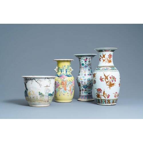 Three Chinese famille rose vases and a jardiniere, 19th C.De...