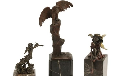 Three Patinated and Polychrome Bronze Figures on Marble