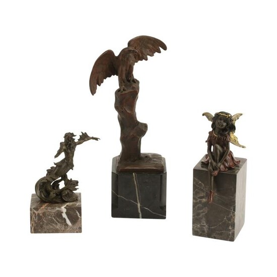 Three Patinated and Polychrome Bronze Figures on Marble