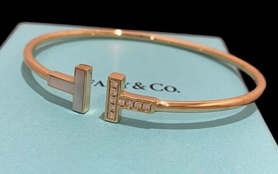 Tiffany T Wire Bracelet in 18K Yellow Gold with Mother-of-pearl and Diamonds