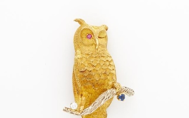 Two-Color Gold, Diamond, Sapphire and Ruby Owl Brooch