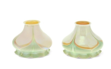Two Quezal-style art glass shades