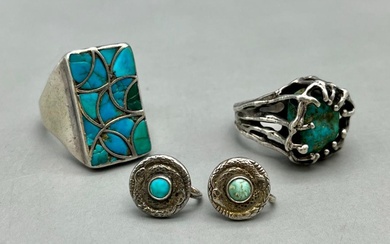 Two Turquoise And Sterling Silver Rings And One Pair Of Snake Earrings