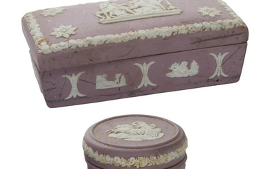 Two Wedgwood lilac jasper porcelain trinket boxes, 20th century, impressed factory mark and 'Made in