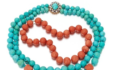 Two coral and turquoise necklaces (Due collane in corallo e turchesi)