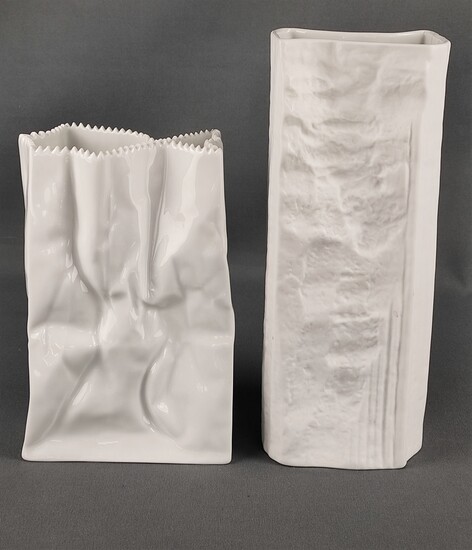 Two design vases, one as a stylized bag and the other made of bisque porcelain (Martin Froger), Ros