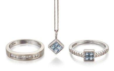 Two diamond set rings and an aquamarine pendant necklace, ring comprise, an 18ct white gold alternate set baguette and rectangular-cut diamond half-eternity ring, European Convention hallmarks, ring size L; an 18ct white gold ring with central...