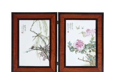 Two pairs of Chinese famille rose-decorated plaques