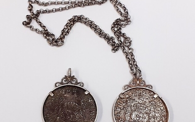 Two silver mounted as pendants silver Mexican coins for Philip V Pillar 8 Reales, c. 1738 and 1741, one with a sterling silver coin.