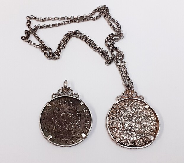 Two silver mounted as pendants silver Mexican coins for Philip V Pillar 8 Reales, c. 1738 and 1741, one with a sterling silver coin.