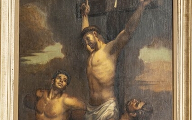 UNSIGNED OIL ON CANVAS, H 39.5", W 29", CRUCIFIXION