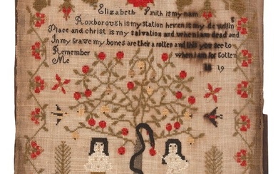 UNUSUAL NEEDLEWORK SAMPLER WITH ADAM AND EVE MOTIF America, Early 19th Century 19" x 13.5".
