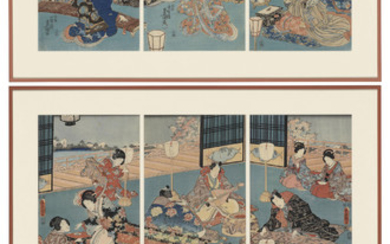UTAGAWA KUNISADA (1786-1864) UTAGAWA SADAHIDE (1807-1873), Two Genji-e and one landscape triptych