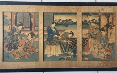 UTAGAWA KUNISADA I (TOYOKUNI III, Japan 1786-1864) large Japanese Woodblock Triptych