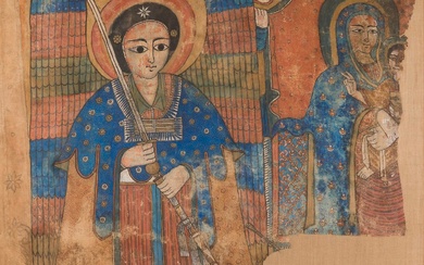 Une représentation d’un archange tenant une épée et son fourreau, à la droite de Marie...