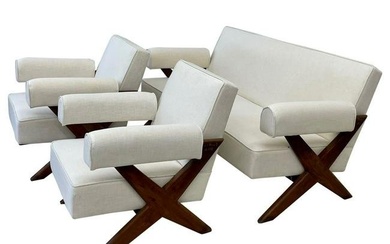 Upholstered X-Leg Sofa Set, Mid-Century Modern Attributed to Pierre Jeanneret