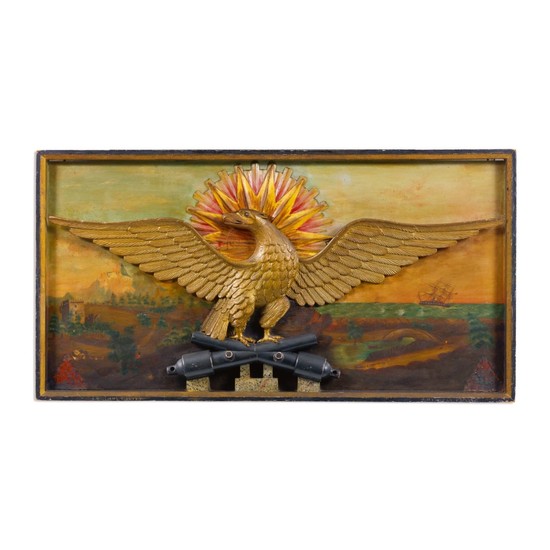 VERY FINE AND RARE PATRIOTIC CARVED AND GILTWOOD SPREAD-WINGED AMERICAN EAGLE WITH PAINTED SEASCAPE BACKGROUND WALL PLAQUE, POSSIBLY JOSEPH MASON (JOHN WILLIAMS) (ABT.1780) AND WILLIAM HENRY COFFIN (1812-1898), PROBABLY NANTUCKET, MASSACHUSETTS, CIRCA...