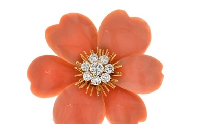 Van Cleef & Arpels 18K Yellow Gold Rose De Noel Coral Diamond Flower Brooch