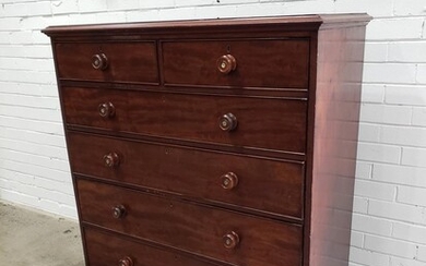 Victorian Mahogany Chest Of Six Drawers, with timber knobs & turned feet (H134 x 119 x 54cm)
