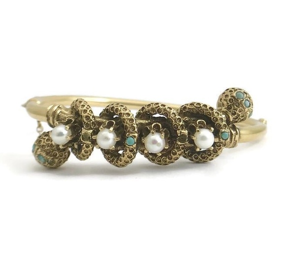 Victorian Revival Pearl Turquoise Bangle Bracelet 14K Yellow Gold, 20.39 Gr