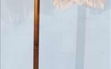Victorian floor lamp with beaded shade and 3 graces on base