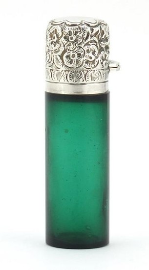 Victorian green glass scent bottle with silver hinged