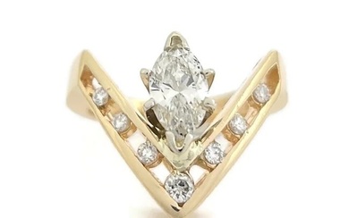 Vintage 1980's Marquise Diamond Chevron Statement Ring 14K Yellow Gold, 4.78 Gr
