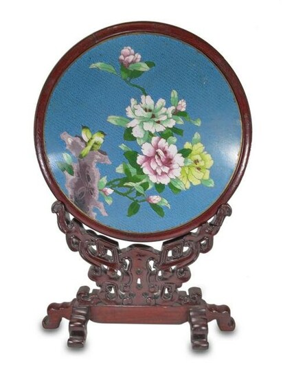 Vintage Chinese wood & Cloisonne plaque with stand