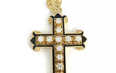 Vintage Diamond Black Enamel Cross Necklace Pendant 14K Yellow Gold, 15.36 Grams
