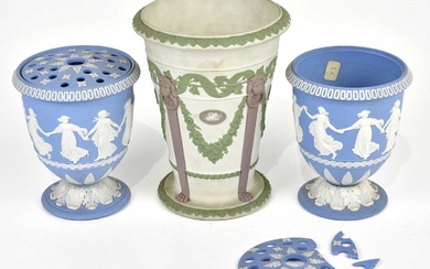 WEDGWOOD; a pair of 19th century blue jasperware pot pourris...