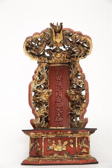 WOODEN VOTIVE ALTAR IN RED AND GOLD LACQUER...