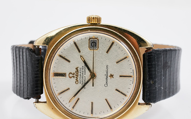 WRISTWATCH, Omega Constellation, automatic, chronometer, date, gold on steel, bracelet in black leather.