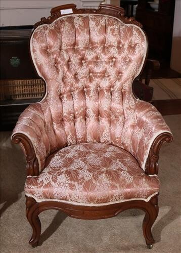Walnut Victorian parlor chair with floral silk