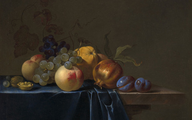 Willem van AELST Delft, 1627 - Amsterdam, 1683 Pêches, raisins, grenade et prunes sur un entablement
