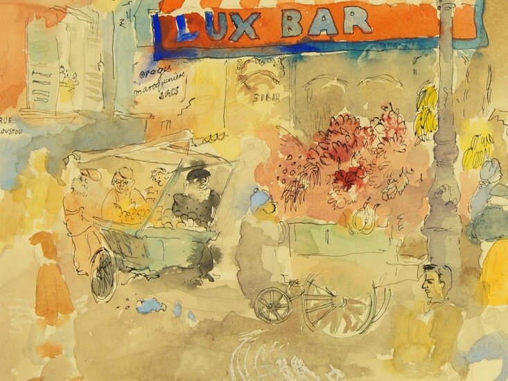 William D. Clyne, Scottish 1922–1981- Lux Bar; pen, watercolour, and gouache on paper, 22.2 x 28.5 cm (ARR)