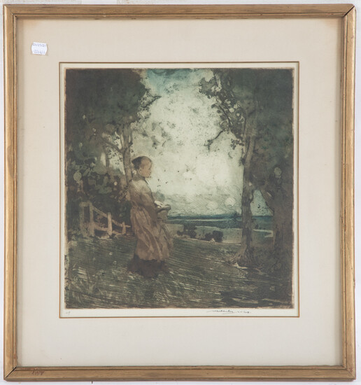 William Lee Hankey. Girl in a Field, aquatint print