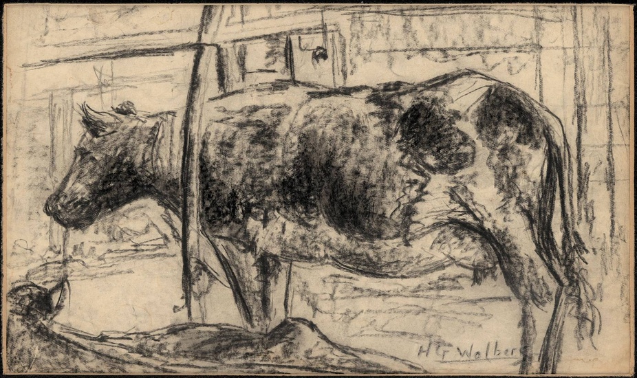 Wolbers, H.G. (1856-1926). (Cow in a stable). Drawing, charcoal, 14x25...