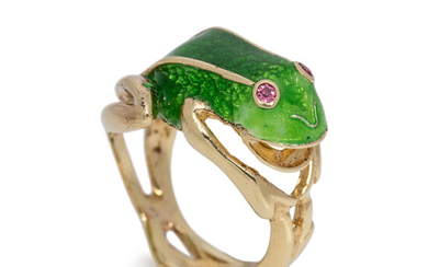 YELLOW GOLD AND ENAMEL FROG RING