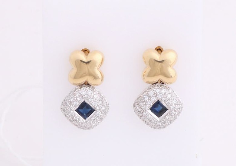 Yellow gold earrings, 585/000, sapphire and diamond.