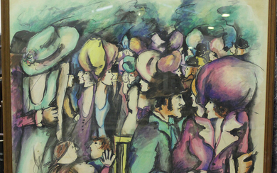 Zamy Steynovitz - A Crowd of Figures in Evening Dress, 20th century watercolour with acrylic and cra