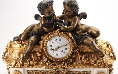 Deniere Figural Patinated Bronze and Marble Mantel Clock, 19th Century