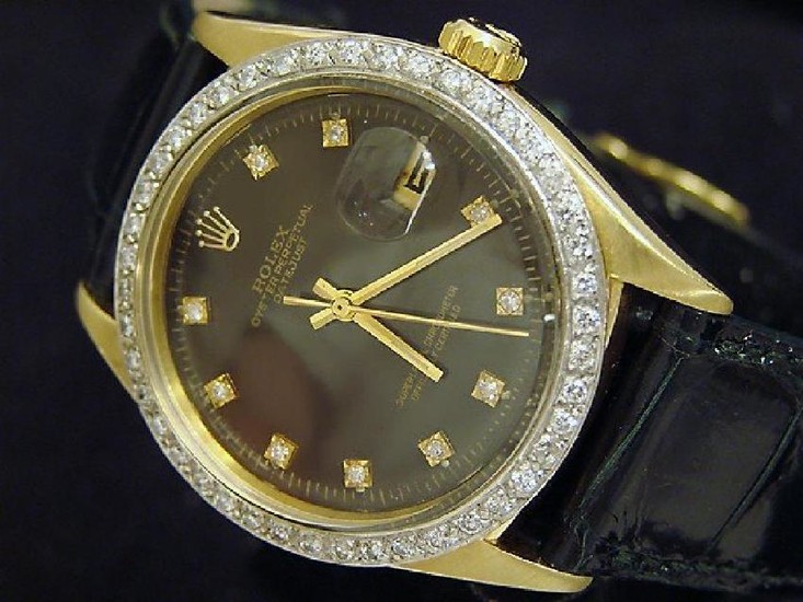 Mens Rolex 18K Yellow Gold Datejust Black Diamond 1601