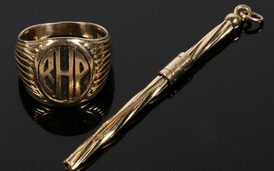 (1) GOLD TOOTHPICK AND (1) GENT'S RING IN 14K GOLD
