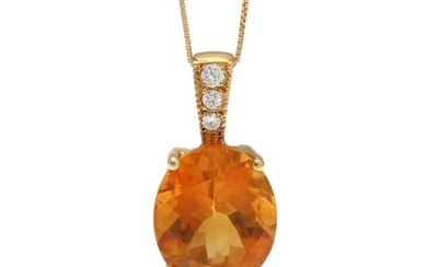 A citrine and diamond pendant set with an oval-cut citrine and four brilliant-cut diamonds, mounted in 18k gold. Necklace of 18k gold. (2)