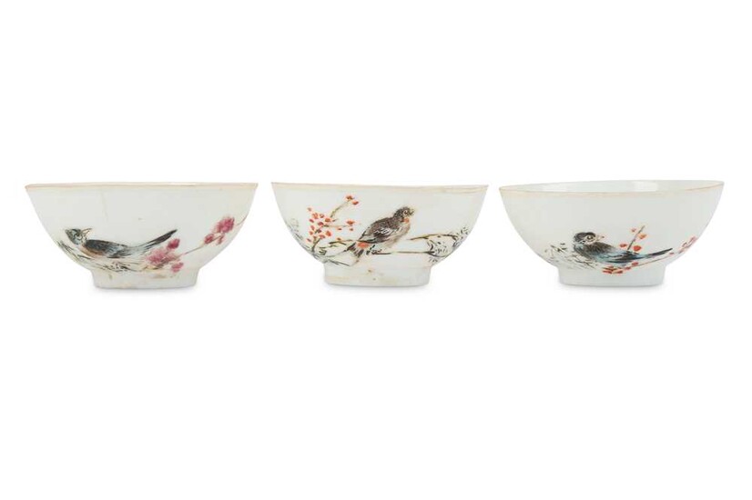 THREE CHINESE FAMILLE ROSE EGGSHELL 'BIRDS' TEACUPS BY XIONG...