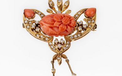 14 kt gold coral-brilliant-pendant , YG 585/000, swung design, with...